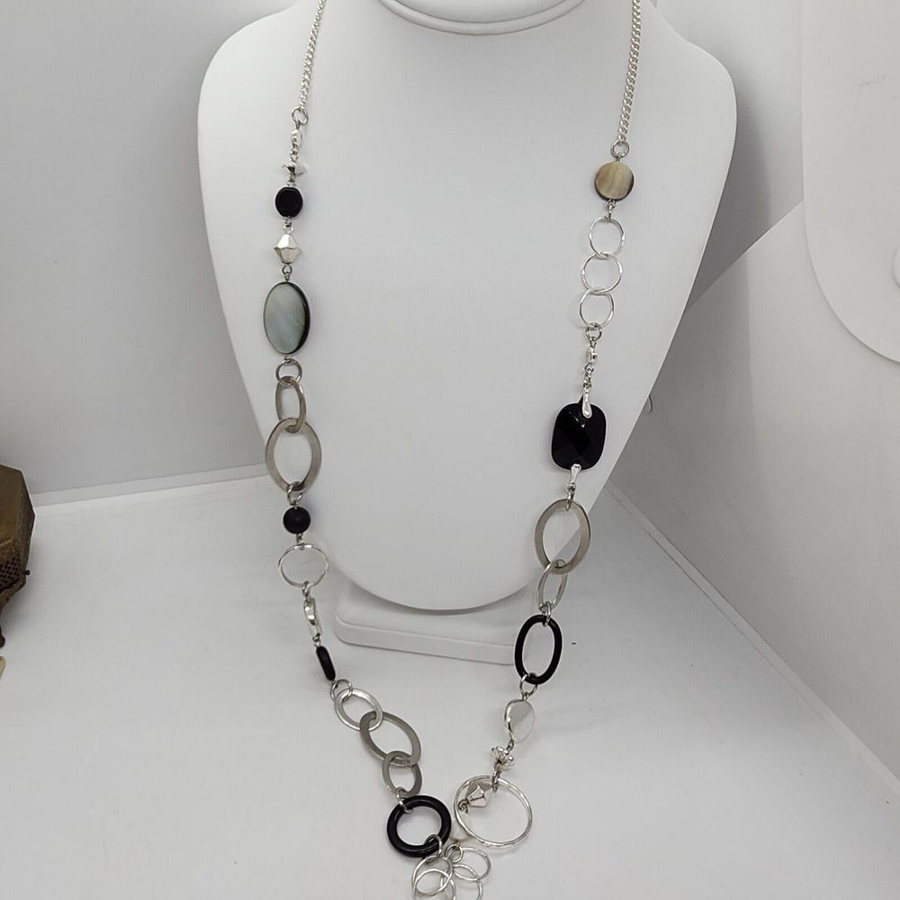 Long Silver Tone Black Bead Shell Necklace